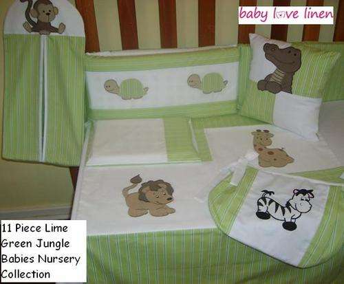 11 Piece Appliqued Lime Green "Jungle Babies" Nursery Linen & Decor