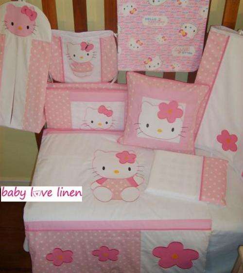 13 Pc Appliqued "Hello Kitty" Baby Linen  ** FULL STARTER SET **