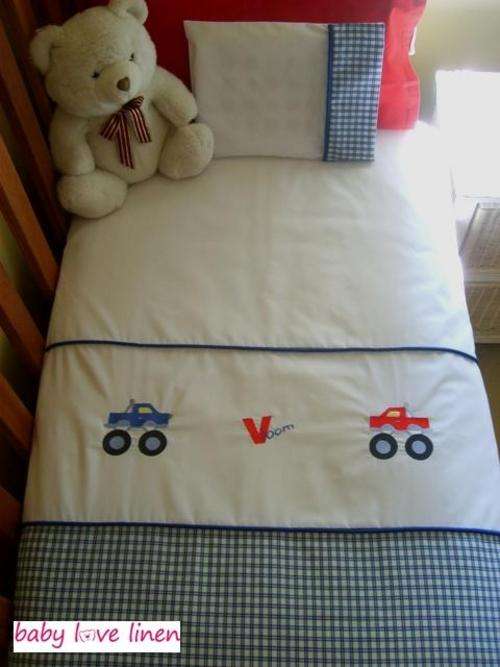 Embroidered "Monster Trucks" Baby Duvet Cover & Pillow Case