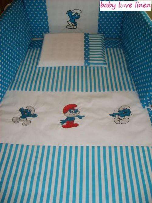 7 Pc Embroidered "Smurfs" Baby Linen  ** BASIC STARTER SET **