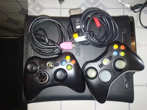BLACK XBOX 360 120 GIG WITH 2 WIRELESS CONTROLLERS,HDMI,AV CABLE. POWER BRICK NOT INCL.