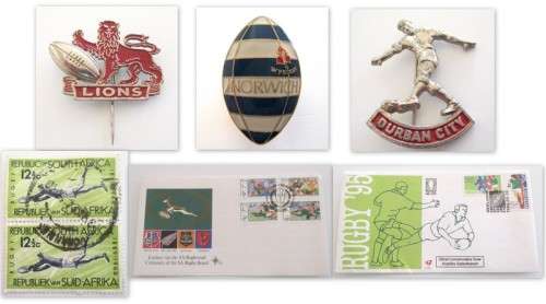 A LOT OF RUGBY AND SOCCER MEMORABILIA---BADGES ETC.