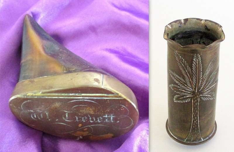 AN EDWARDIAN SNUFF BOX WITH AN ENGRAVED COLONEL'S NAME AND A TRENCH ART BULLET