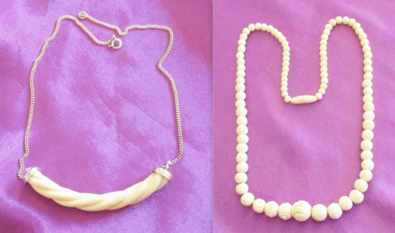 A STERLING SILVER BONE NECKLACE AND A CARVED BEADED BONE NECKLACE