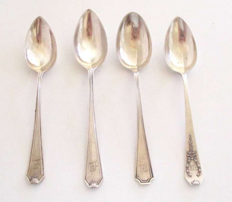 4 VARIOUS STERLING SILVER TEASPOONS WITH MONOGRAMS--+ 92 GRAM