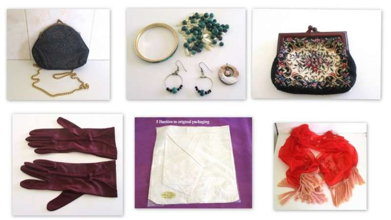 LADIES ITEMS -AN EVENING BAG,PURSE,BEADS, HANKIES ETC