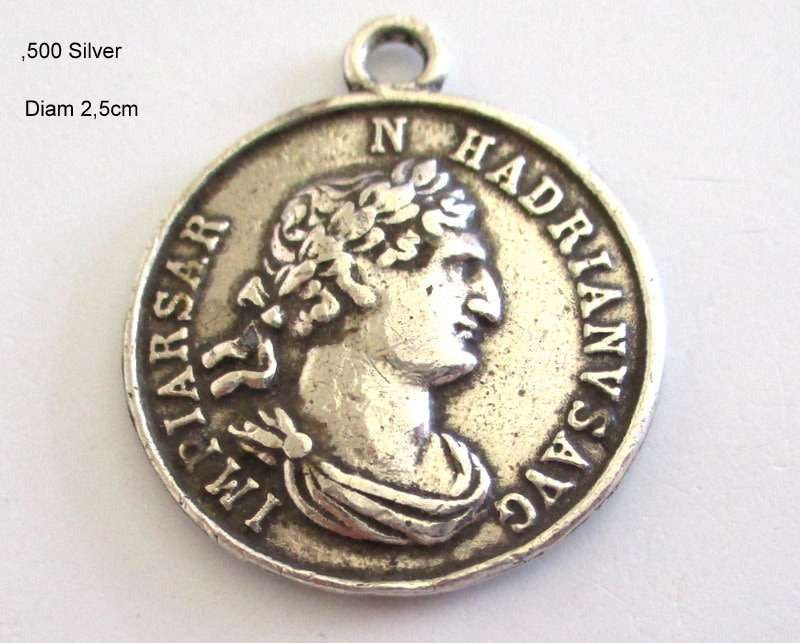 A VERY LONG ANTIQUE ,925 SILVER CHAIN AND AN ANCIENT MUSEUM REPLICA COIN ,500 SILVER