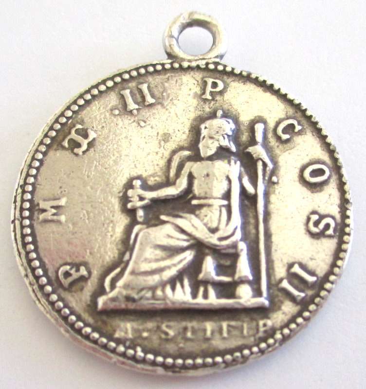 A VERY LONG ANTIQUE ,925 SILVER CHAIN AND AN ANCIENT MUSEUM REPLICA COIN ,500 SILVER