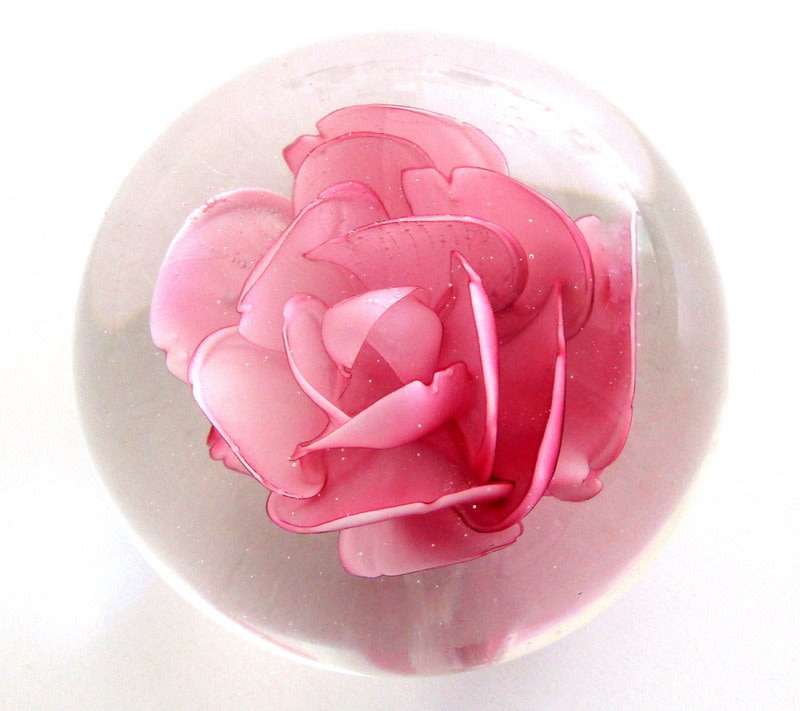 A MEDIUM SIZE PAPERWEIGHT WITH A PINK ROSE
