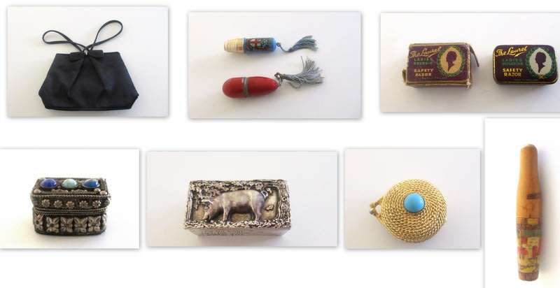 PILL BOXES,A UNIQUE MINIATURE RAZOR VINTAGE NEEDLE/COTTON HOLDERS ETC---ALL FOR 1 bid