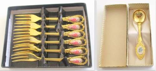 A SET OF BOXED CAKE FORKS AND A SUGAR SPOON--IN ORIGINAL PACKAGING. NEVER USED