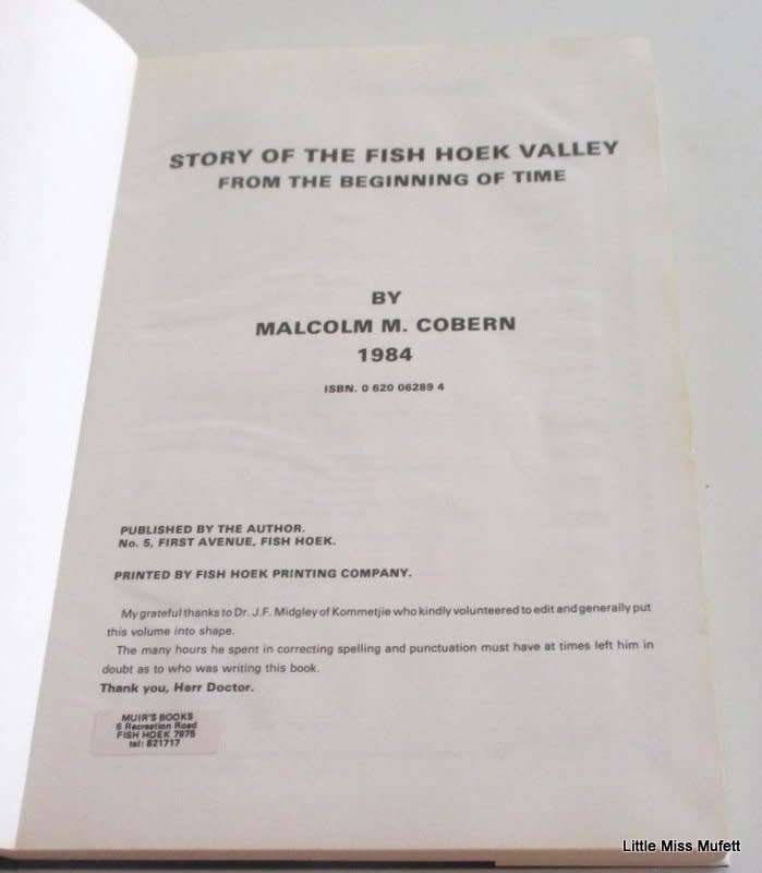 STORY OF THE FISH HOEK VALLEY BY MALCOLM COBERN--ILLUSTRATED