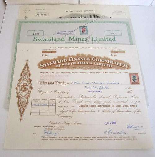 5 SHARE CERTIFICATES WITH REVENUE STAMPS