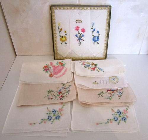 3 BOXED AND 7 OTHER HANDKERCHIEFS WITH EMBROIDERED CORNERS--And what to do with them.