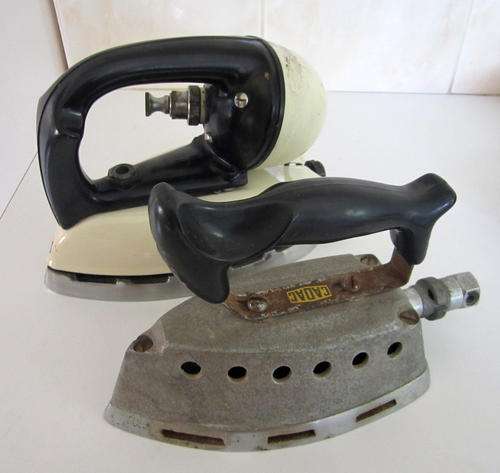 2 VINTAGE IRONS--AN ENAMEL  STEAM IRON AND A GAS IRON.