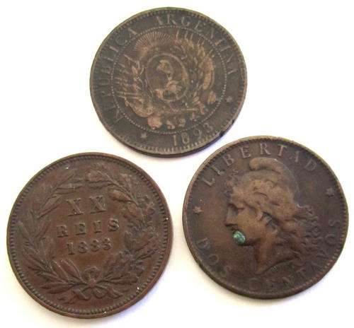 3 SOUTH AMERICAN COINS--ARGENTINA 1883,1892 and 1893