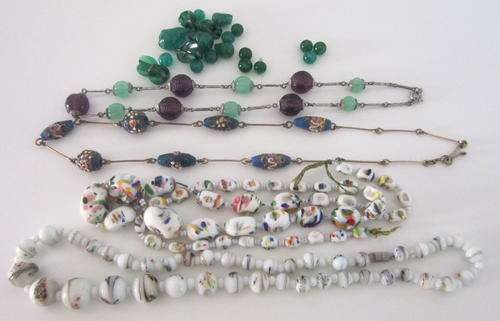 A LOT OF VINTAGE BEADS INCLUDING A MURANO NECKLACE--! FOR RESTRINGING AND ODD BEADS