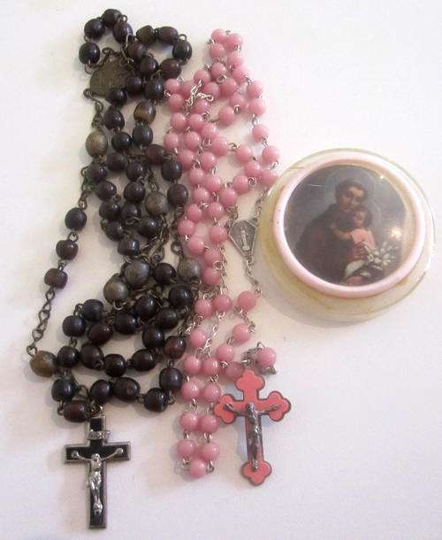 2 ROSARIES --ONE HAS GLASS BEADS AND IS IN ORIGINAL BOX