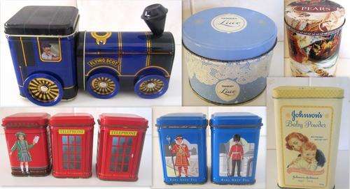 9 COLLECTABLE RETRO TINS INCLUDING A TIN IN THE SHAPE OF A TRAIN