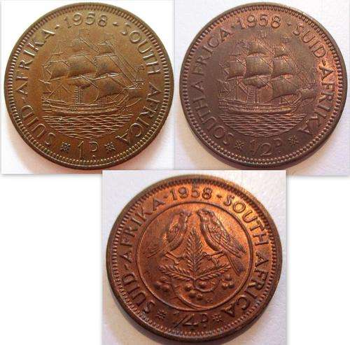 A SET OF 3 EF 1958 BRONZE COINS --Penny,half penny and farthing