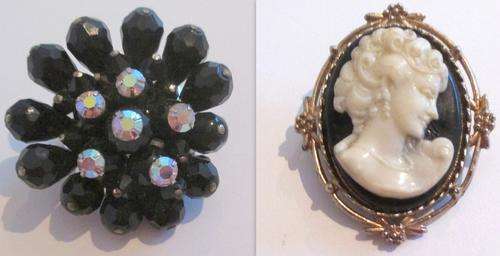 A VINTAGE CRYSTAL BEADED BROOCH AND IMITATION RESIN CAMEO