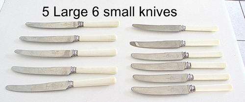 A SET OF 5 LARGE AND 6 SMALL KNIVES--- STAINLESS STEEL BLADES AND RESIN HANDLES-PLEASE NOTE
