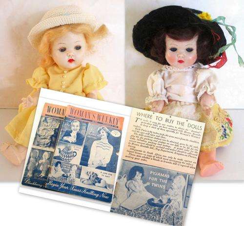 1950's ROSEBUD TWIN DOLLS AND 2 MAGAZINES WITH THEIR PATTERNS WHERE THEY COULD ALSO BE ORDERED.