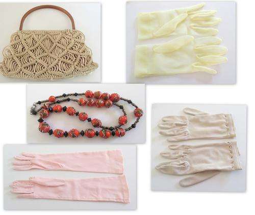 A CROCHET HANDBAG,BEADS AND 3 PAIRS OF GLOVES