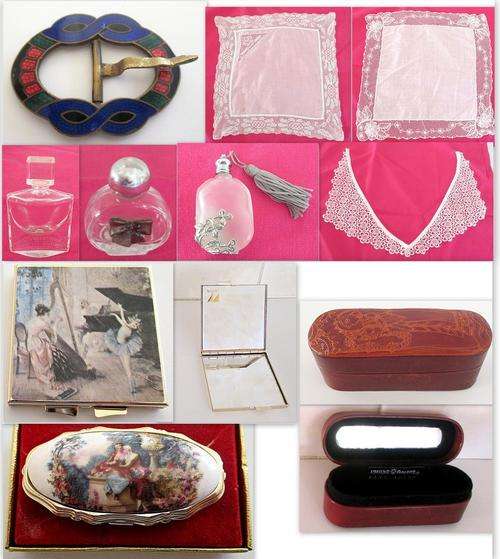 A LOT OF LADIES ITEMS-An enamel buckle,compact mirror,perfume bottles,lace hankies etc.