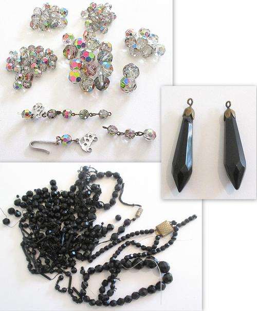 3 VINTAGE LOTS OF BEADS FOR RESTRINGING AND A PAIR OF EARRINGS.