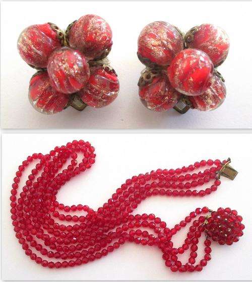 A PAIR OF MURANO GLASS EARRINGS AND A 4 STRING RED BEADED NECKLACE WITH A STUNNING CLASP