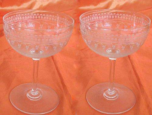 A PAIR OF VICTORIAN CRYSTAL CHAMPAGNE GLASSES ETCHED --PERFECT