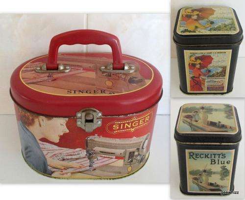 AN OLD WORLD  REPRODUCTION SINGER SEWING MACHINE TIN AND 2 OTHER TINS