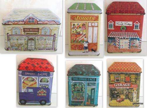 6 OLDE WORLD REPRODUCTION TINS IN THE FORM OF HOUSES / SHOPS