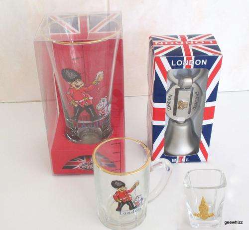 4  X LONDON BAR ITEMS---A DRINKING GLASS,BELL AND 2 TOT MEASURES--UNUSED
