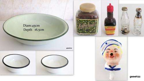 VARIOUS KITCHENALIA INCLUDING  ENAMELWARE MINIATURE SAMPLES , MINIATURE COKE BOTTLES AND PIE FUNNEL