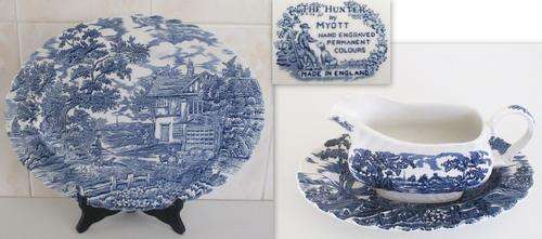 A BLUE AND WHITE MYOTT PLATTER AND GRAVY BOAT---PERFECT