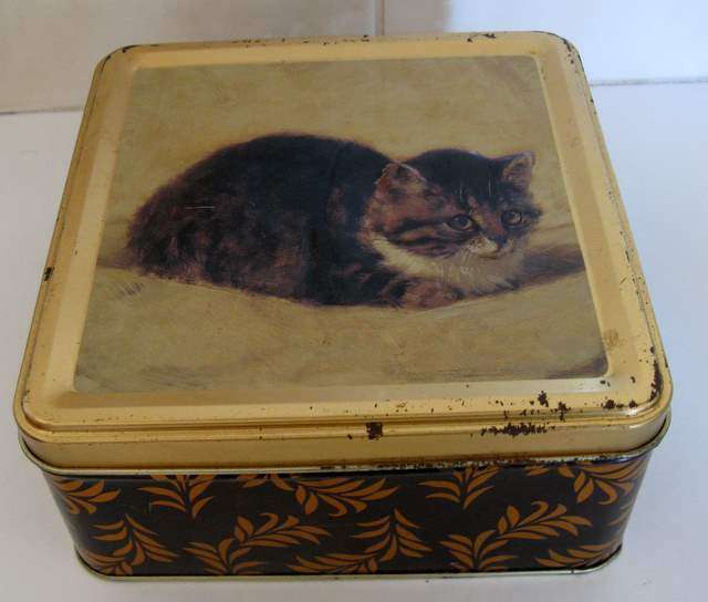A TIN WITH AN EMBOSSED CAT.