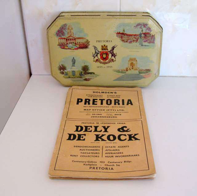 A MAP OF PRETORIA AND A PRETORIA TIN WITH HISTORY--1855 to 1955