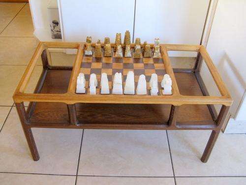 A UNIQUE CHESS TABLE AND CHESS SET MADE IN ZIMBABWE(RHODESIA).Approx 35years old