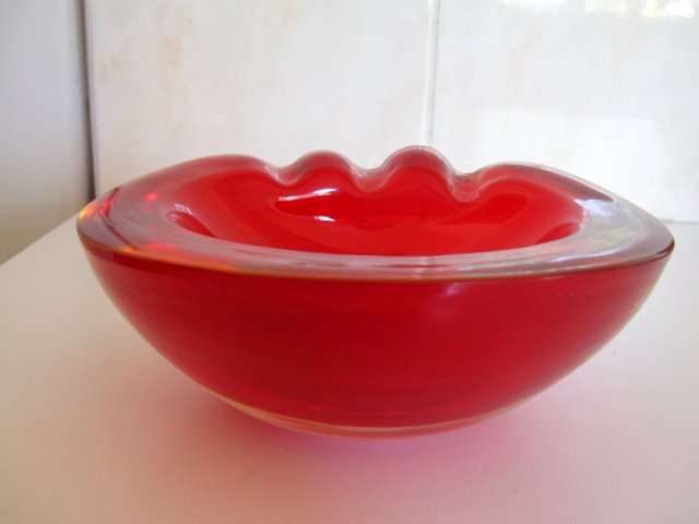 A HEAVY  RED MURANO GLASS ASHTRAY--A BEAUT