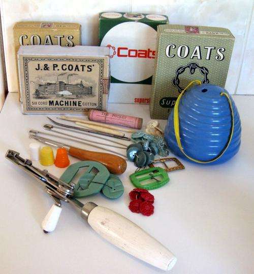 A LOT OF VINTAGE SEWING AND KNITTING ITEMS--Including 4 Coats empty cotton boxes