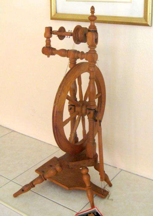 A SPINNING WHEEL--Lovely display piece--and a box of lace bobbins