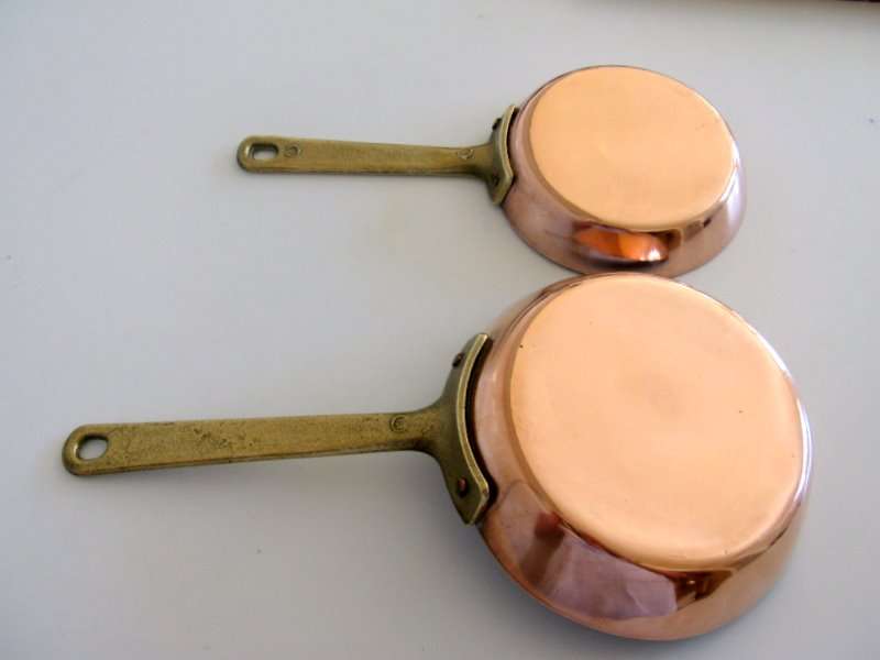 2 SMALL COPPER COATED PANS WITH SOLID BRASS HANDLES--NOTE SIZE