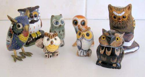 A CLOISONNE OWL AND 7 OTHER CERAMIC OWLS