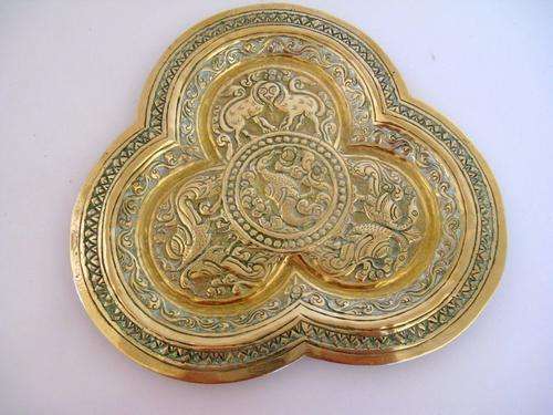 A 3 SIDED ORIENTAL DISH WITH MYTHICAL FIGURES--Note description.