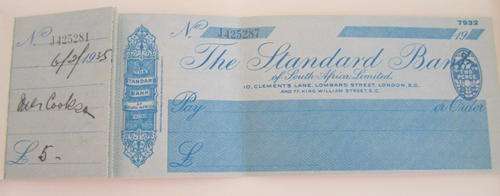 A PARTLY USED STANDARD BANK CHEQUE BOOK FROM THE 1930's