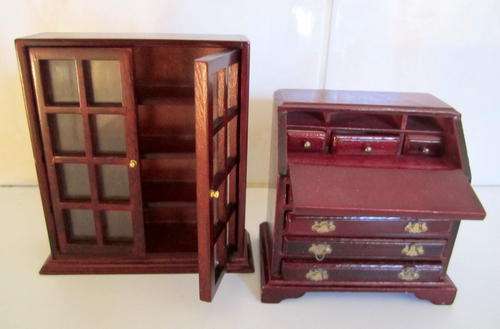 A DOLL HOUSE DESK AND DISPLAY CABINET