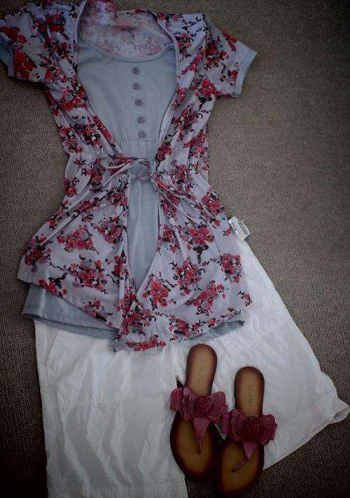 White shorts, floral top and sandles  size 32 and size 4 foot