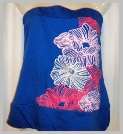 Blue tube top with floral pattern.